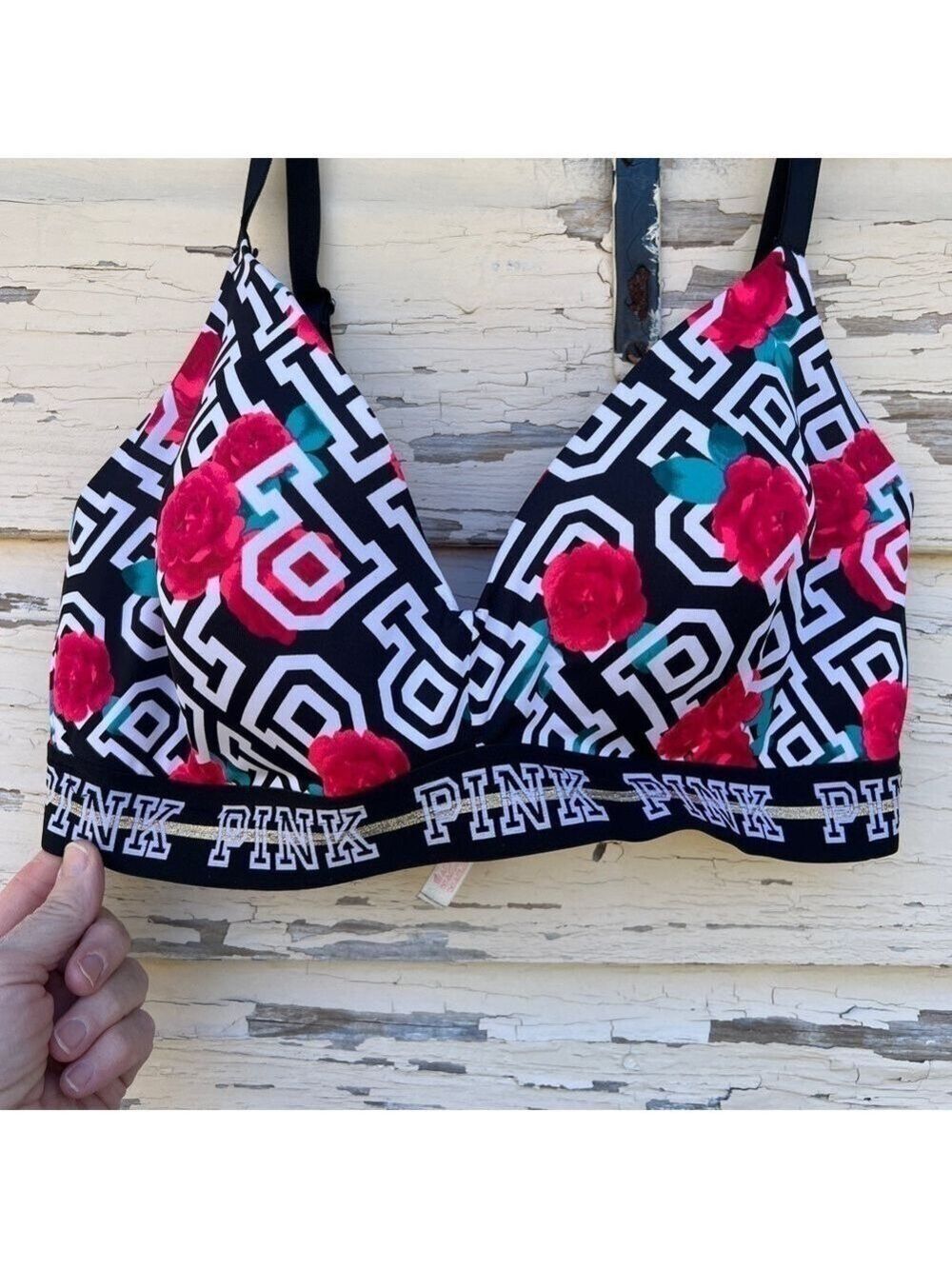 Victoria’s Secret Pink Everywhere Wireless Floral Roses Spell Out Bra 36DD H5